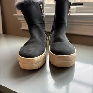 J/Slides NYC Black Platform Zip Boots with Faux Fur Lining